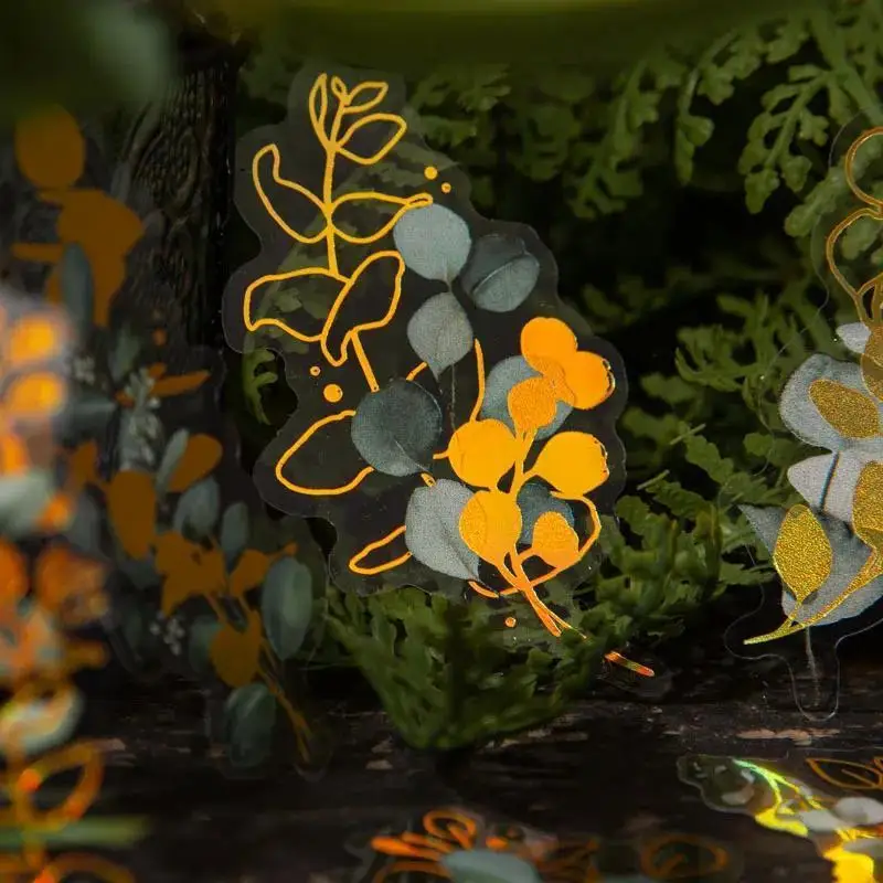 ヴィンテージ風の植物柄ステッカー、金箔加工の花や葉のデカール - Gold Foil Flakes のレビューと価格